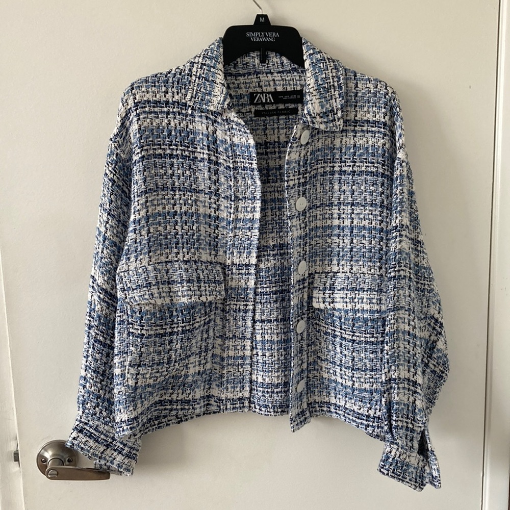 Zara Blue and White Tweed Jacket